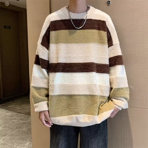 慵懒风情侣条纹毛衣男秋冬季日系男圆领针织衫内搭撞色情侣线衫图片