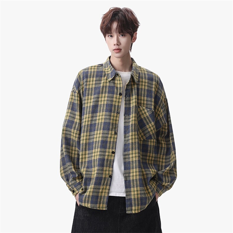 衬衫男春季新款港风宽松大码磨毛格子长袖衬衣CS550-P38，男装衬衫，星座214-3