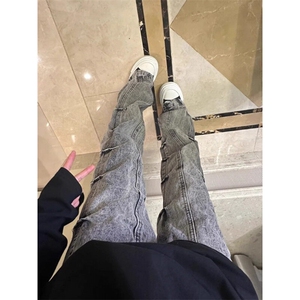 水洗复古牛仔裤男秋冬季加绒加厚美式潮牌褶皱设计感宽松直筒裤子图片