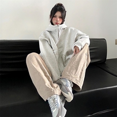 抖音得物高品质26春装美式高街重磅宽松结构高领连帽卫衣外套W60，女装短外套，电商A486-1
