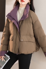 撞色立领短款羽绒服女2024冬季新款宽松休闲连帽白鸭绒面包服外套，女装羽绒服，余墨