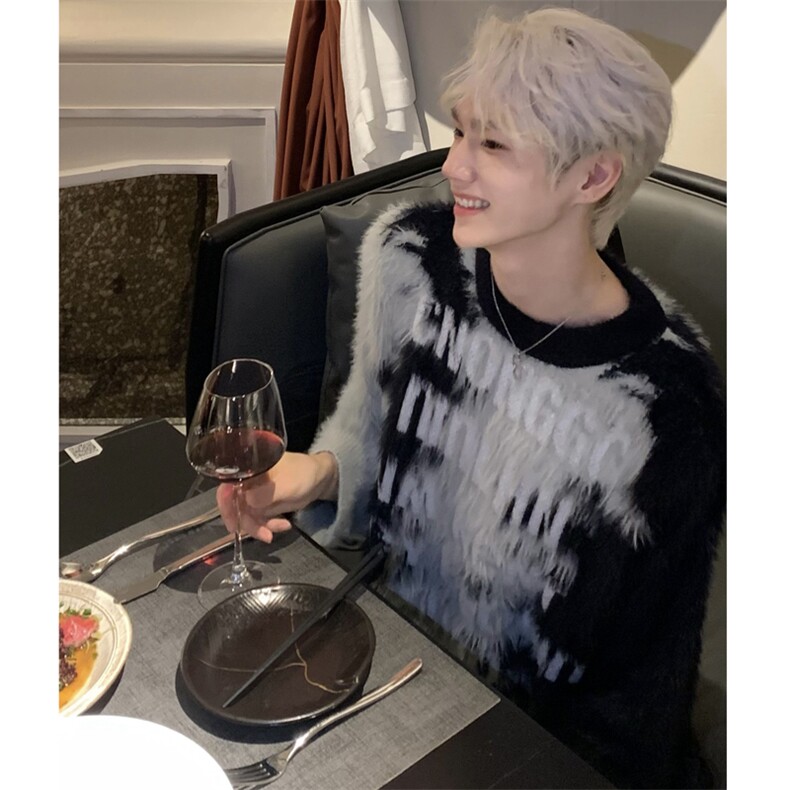 （图盗图必投）撞色圆领潮宽松慵懒风毛茸茸毛衣W15-P75，男装针织衫/毛衣，星座910-1