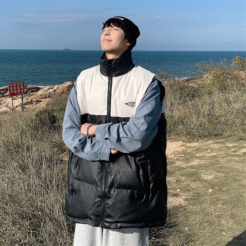 2026秋冬装羽绒棉马甲男加厚拼色立领PU皮坎肩MJ17588/P85白色2，女装马甲，电商A094