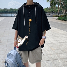 LD54013-P45连帽短袖t恤男大码胖子带帽五分袖中袖，男装T恤，电商A040