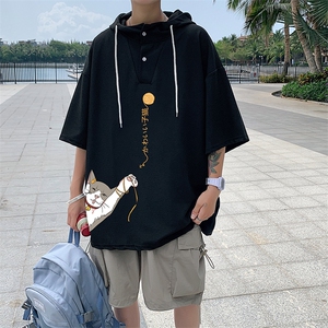 LD54013-P45 连帽短袖t恤男大码胖子带帽五分袖中袖图片