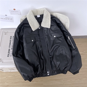 翻领毛领拼接美式复古棉服外套男女冬季新款百搭pu夹棉皮衣图片