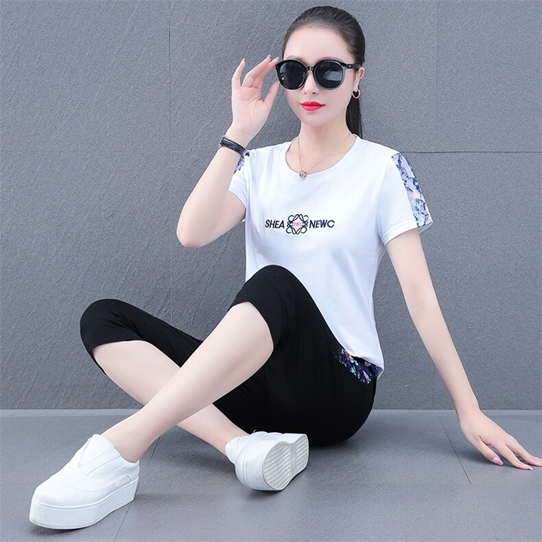 短袖纯棉运动套装女夏季2023新款广场舞跳舞中年妈妈休闲服两件套,女装运动套装,燕颉服饰