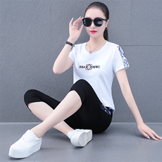 短袖纯棉运动套装女夏季2023新款广场舞跳舞中年妈妈休闲服两件套，女装运动套装，燕颉服饰