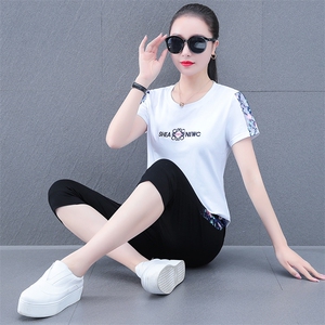 短袖纯棉运动套装女夏季2023新款广场舞跳舞中年妈妈休闲服两件套图片