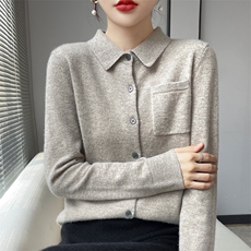 春冬季新款山羊绒POLO领开衫女系扣休闲纯色外套针织衫，女装羊绒衫，更慕羊绒