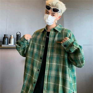 秋季扎染格子衬衫男女款复古美式宽松长袖衬衣情侣外套CS550-p35