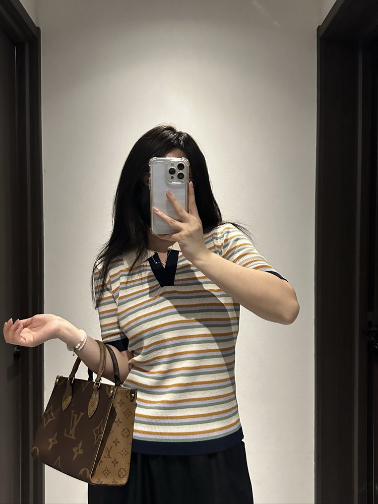 夏季新款简约百搭时尚条纹翻领女士短袖,女装T恤,沐策羊绒
