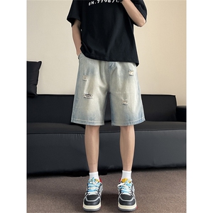 破洞牛仔短裤男韩版潮流高街百搭夏2024新款ins五分裤RK1725-P36图片