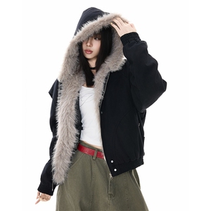 美式复古座山雕连帽毛领棉服冬季加厚夹克外套男女同款YD01-P140图片