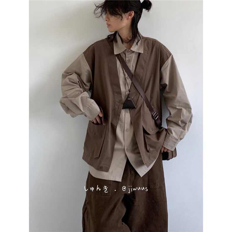 C166-P54日系复古假两件工装衬衫男秋宽松大口袋百搭衬衣,男装衬衫,电商B323A