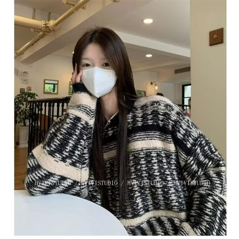 复古百搭撞色条纹毛衣男女冬套头季叠穿时髦上衣 MW412图片
