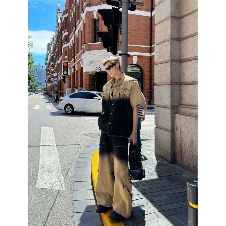 小众设计感港风做旧渐变色夹克套装街头痞帅拖地牛仔裤男潮，男装牛仔裤，星座506A