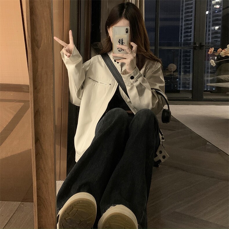 韩版复古米白外套女秋季慵懒风宽松工装夹克运动上衣女C798-P100,男装夹克,星座911-2(原星座613-2）