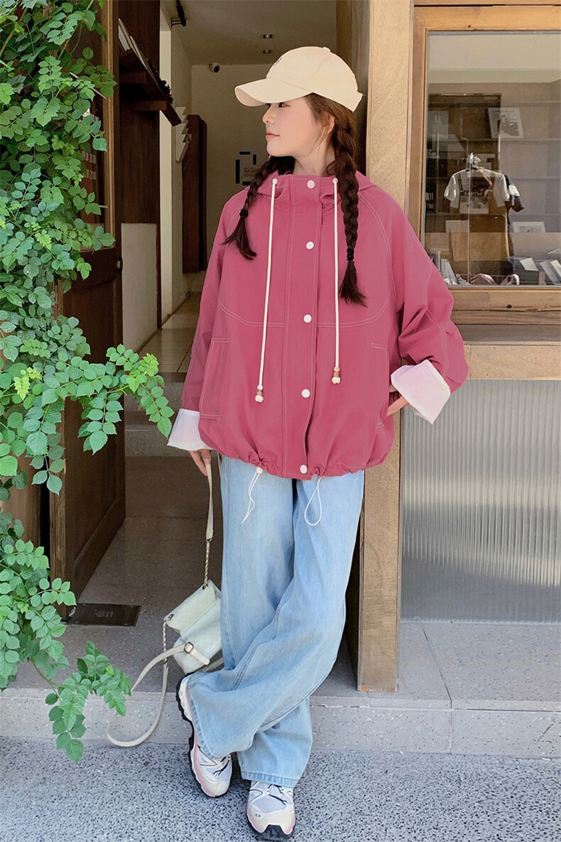 韩系风格玫粉色连帽冲锋衣外套女春秋2025新款今年流行的休闲上衣,女装短外套,2C305
