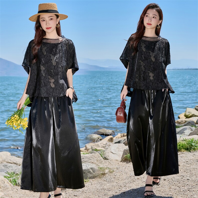 时尚套装女2025夏季新款宽松显瘦洋气复古提花短袖阔腿裤子两件套,女装套装/套裙,缘衣格