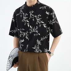 抖音夏季新中式风立领竹叶短袖衬衫男冰丝衬衣A236-0830-P50，男装衬衫，电商A236