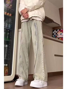 升级款美式复古vibe裤子渐变解构拼接牛仔裤男工装微喇裤图片