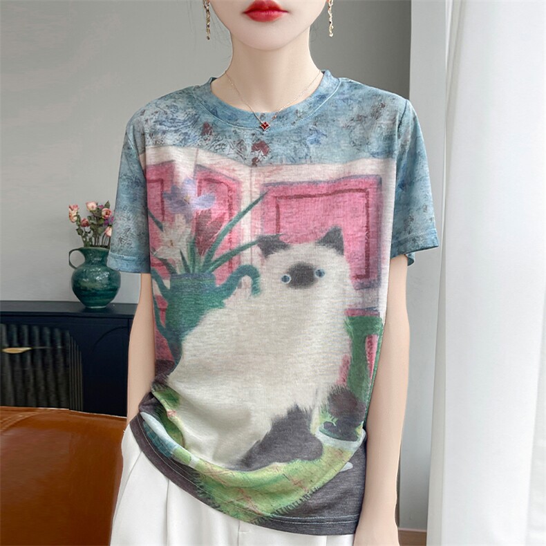 夏季天丝针织短袖T恤女圆领晕染猫咪印花上衣宽松显瘦半袖打底衫图片