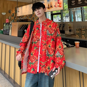 C88东北大花假两件长袖衬衫盘扣新中式汉服表演出团队男女大码潮图片