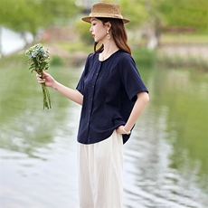 2026年夏季棉麻刺绣休闲百搭通勤两件套，女装套装/套裙，魅丽静蓝