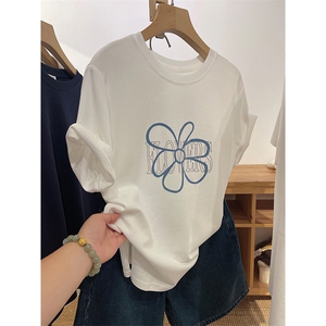 T0645-P25 小清新花朵纯棉印花短袖 白色T恤宽松百搭款图片