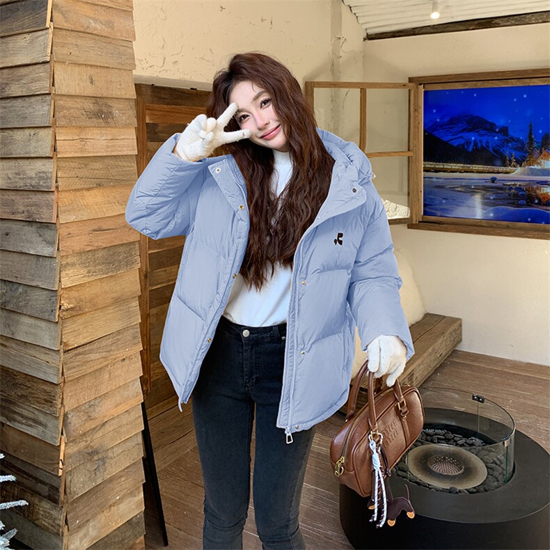 韩系休闲刺绣连帽羽绒服女2024冬季新款宽松保暖白鸭绒面包服外套,女装羽绒服,蝶眷
