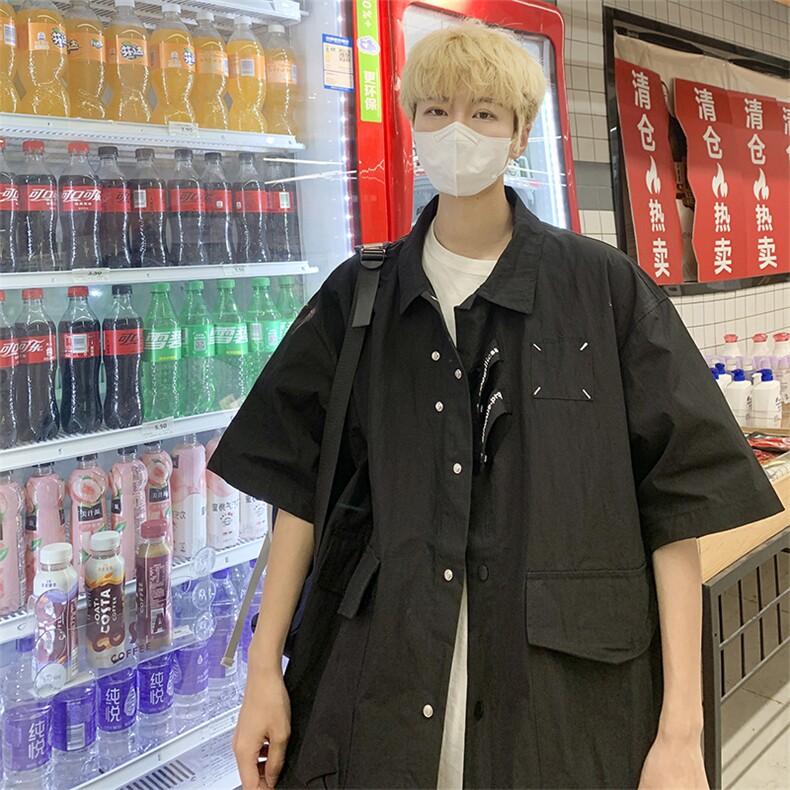 港风复古宽松版工装衬衫短袖夏季薄外套大口袋衬衣CS02231-P45,男装T恤,星座308B-2