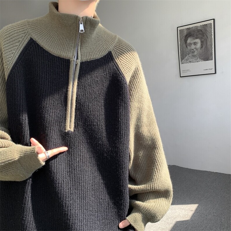 8XL-M撞色半拉链毛衣宽松慵懒风插肩袖大码针织衫外套MY1513/P75,男装针织衫/毛衣,电商B238