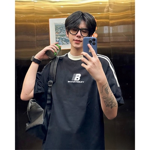 抖音得物供货240克宽松纯棉美式潮牌印花三杠半织带短袖T恤AT1605图片