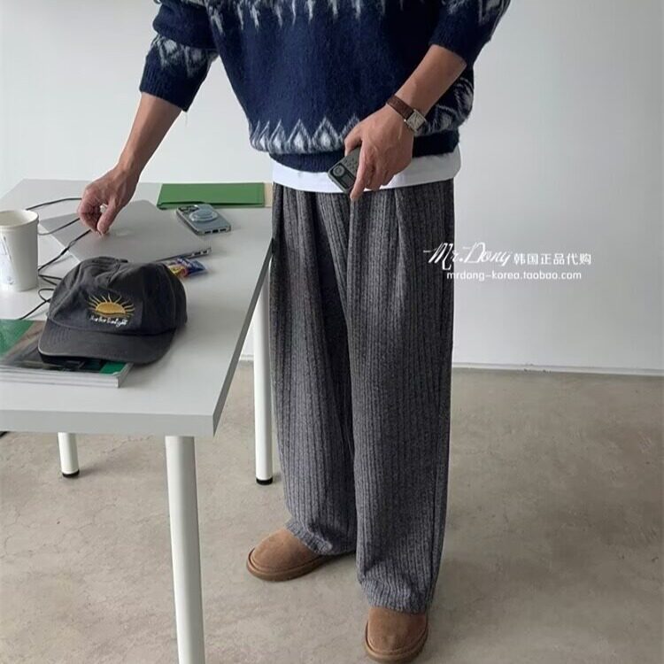 秋冬款ins个性压皱条纹丝绒休闲裤男士宽松垂感阔腿裤直筒长裤潮,男装休闲裤,星座506A