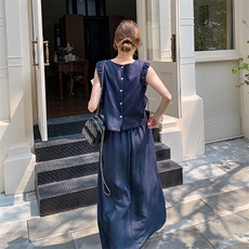 藏青色松弛感一整套穿搭女2025夏季新款休闲圆领背心半身裙两件套，女装套装/套裙，秋水欣儿