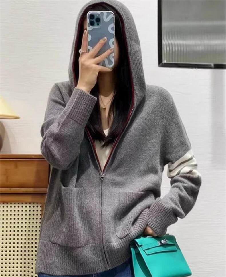 秋季新款女装连帽条纹长袖针织衫学院风宽松开衫毛衣外套,女装羊毛衫,隆格羊绒