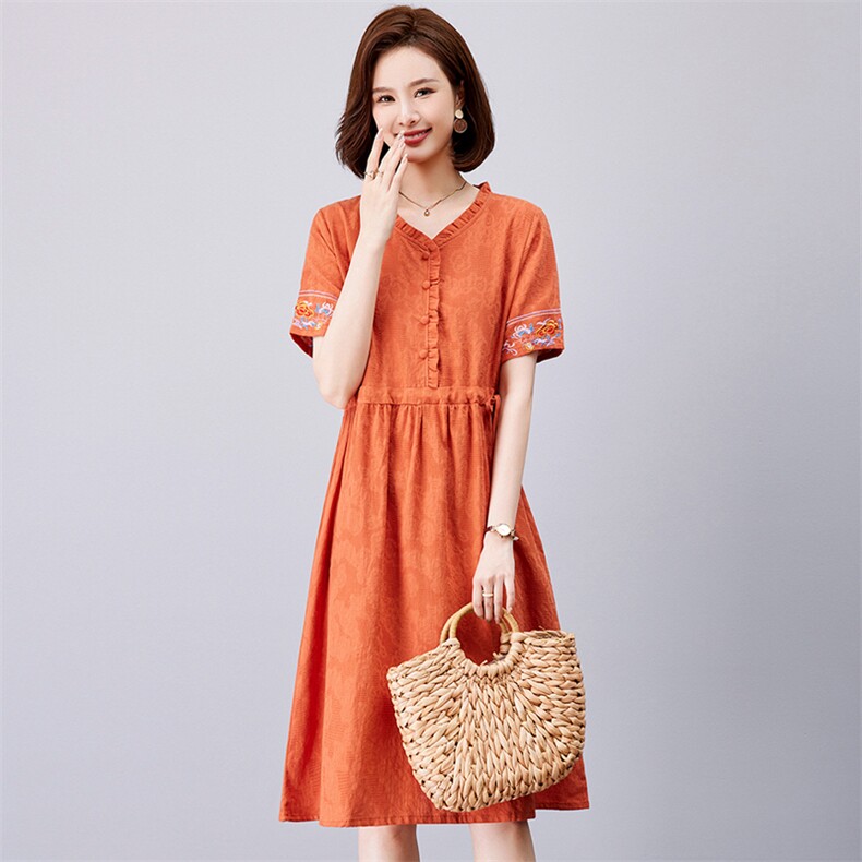 棉麻连衣裙2023夏装新款时尚收腰裙短袖复古文艺,女装连衣裙,欣美人