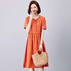 棉麻连衣裙2023夏装新款时尚收腰裙短袖复古文艺，女装连衣裙，欣美人