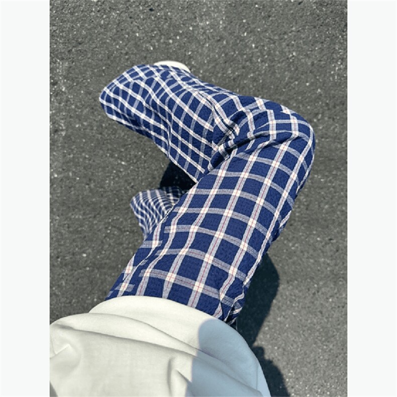 美式高街潮牌男女泡泡格子休闲裤直筒宽松慵懒显瘦阔腿休闲长裤子,男装休闲裤,电商A443