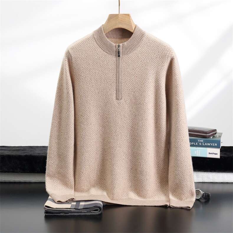 2024秋冬新款35%羊绒男士人字纹提花半拉链加厚羊绒衫男装，男装羊绒套衫，雪贝坊一店