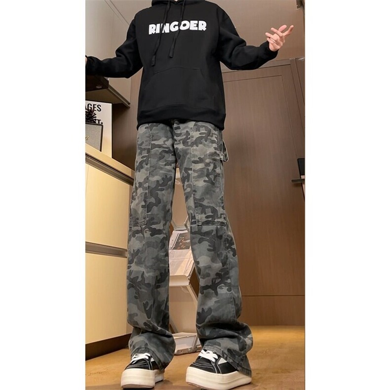 军训迷彩裤子男生显腿长美式hiphop卫裤户外运动休闲直筒弯刀裤女,男装休闲裤,电商D202