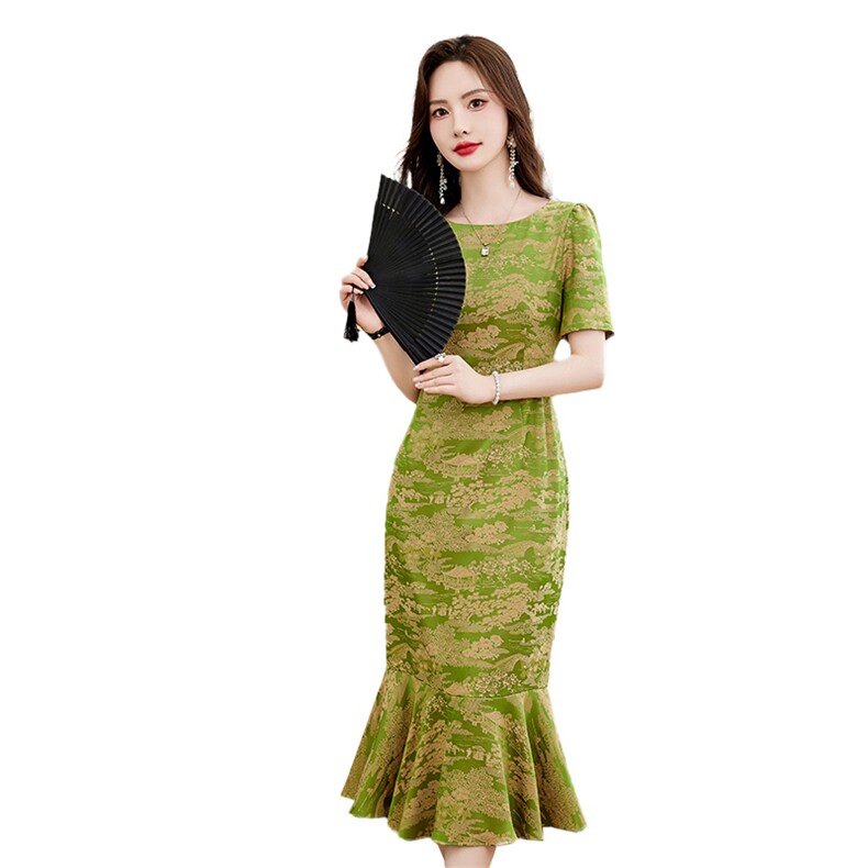 绿色高端提花连衣裙女2026夏季新款收腰修身气质女人味鱼尾裙,女装连衣裙,倪叶myz