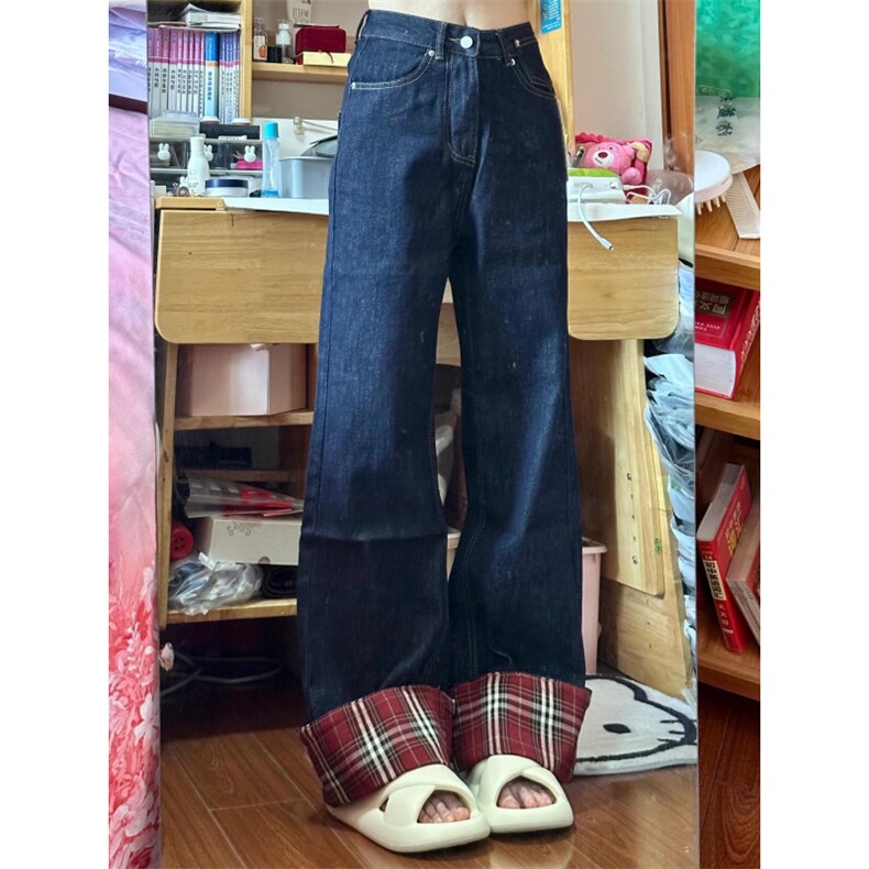 【网图有货】美式格子拼接卷边牛仔裤男女阔腿裤子NZ011CC-特P65图片