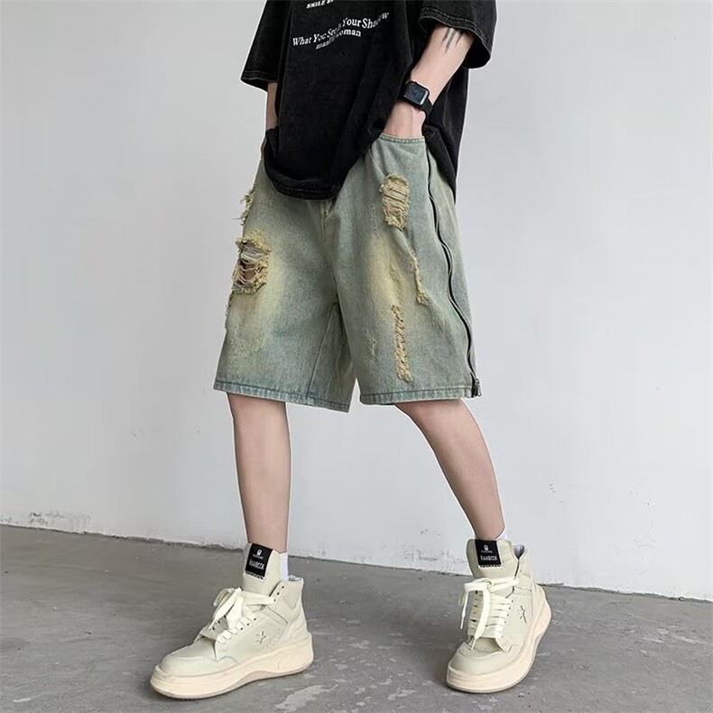做旧复古水洗高街破洞牛仔短裤男夏季宽松美式五分裤男N5558-P42,男装牛仔裤,星座1008-1