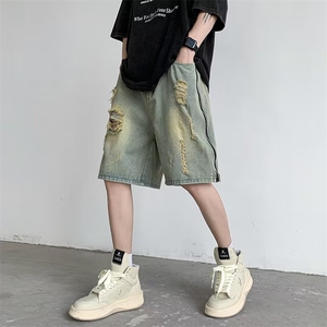 做旧复古水洗高街破洞牛仔短裤男夏季宽松美式五分裤男N5558-P42图片