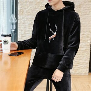 港风刺绣加绒加厚休闲情侣卫衣运动春冬装两件套男套装 W184/P110图片