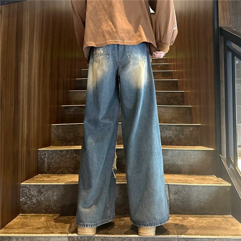美式复古破洞牛仔裤男夏季水洗做旧宽松阔腿直筒拖地潮牌高街裤子,男装牛仔裤,星座410-6（原星座1304-1）
