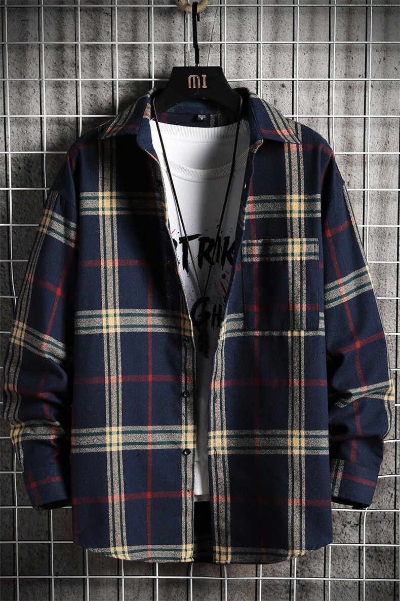 男士格子长袖衬衫宽松潮流日系上衣服外套DF01T,男装衬衫,电商A102
