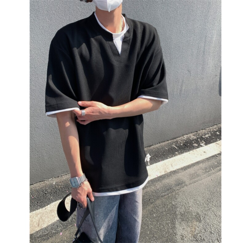 2026夏大码假两件华夫格五分短袖T恤潮流宽松T6601/特P25黑色5,男装T恤,电商A094